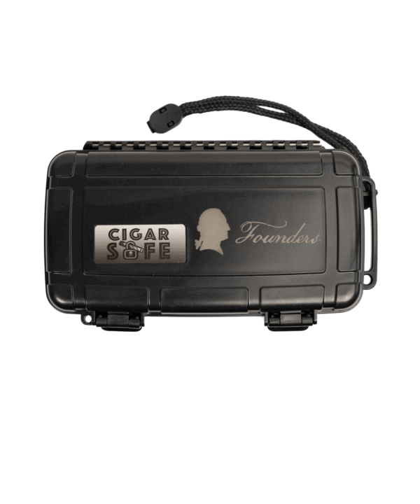 Founders Cigar Company black travel humidor with secure latch and logo